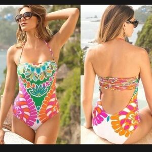 Trina Turk Tamarindo Halter Bandeau Strappy Back One Piece Swimsuit size 10